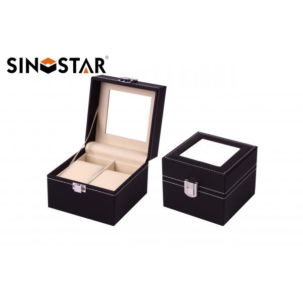 Quality Mens Black Leather Double Watch Box Display Glass Top Jewelry Case Organizer for sale