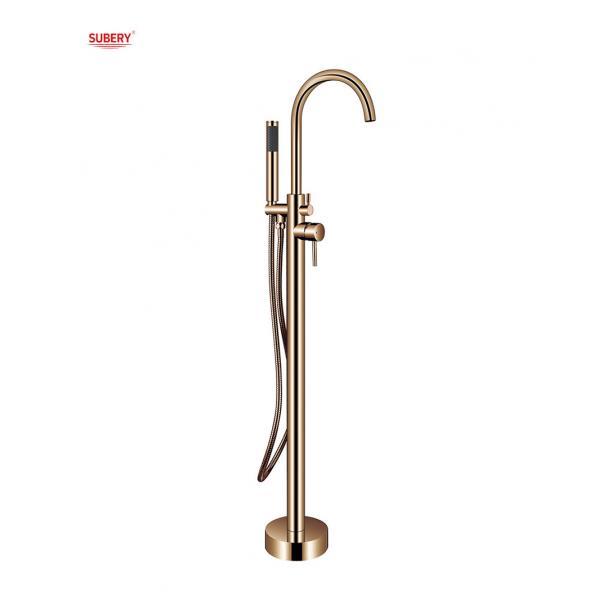 Quality OEM Single Lever Free Standing Tub Faucet Floor Mount With Diverter Rose Golden Brass for sale