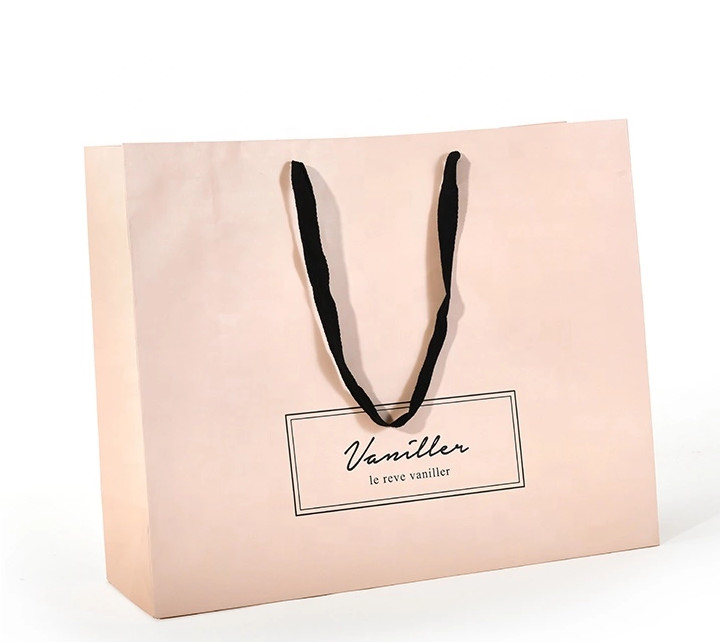 Quality Flat Cotton Handle Custom Design Paper Bags , Printed Paper Shopping Bags Pink Color for sale