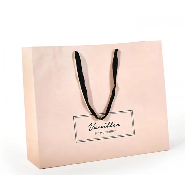 Quality Flat Cotton Handle Custom Design Paper Bags , Printed Paper Shopping Bags Pink for sale