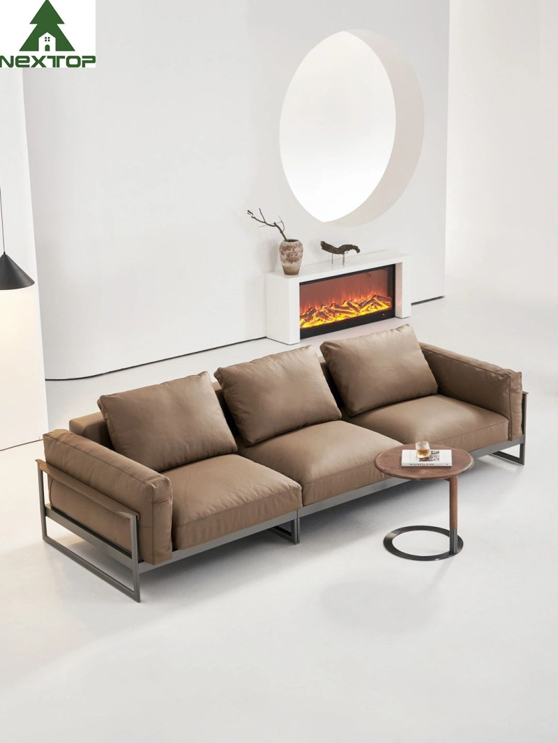 China Living Leather Brown Hotel Room Sofa 3 Seaters Soft Reclining Sofa Metal Frame for sale