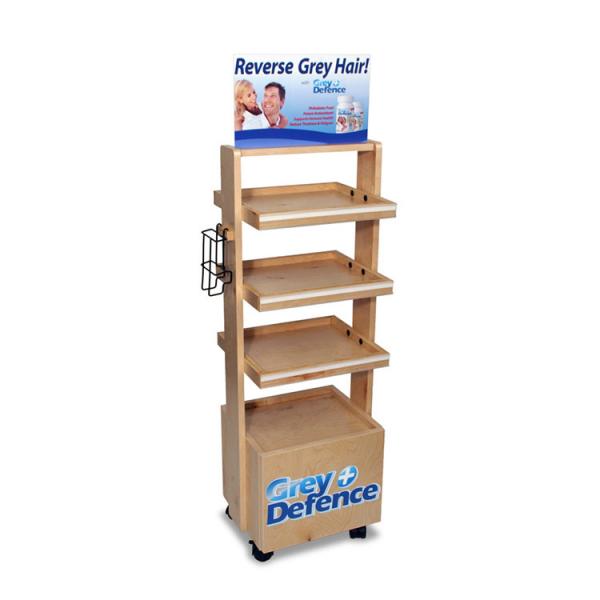 Quality Natural Pinewood Cosmetic Display Stand Custom Wood Display Cases With Wheels for sale