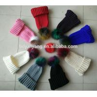 China Cheap beanie knit hat for women with fur pom poms factory