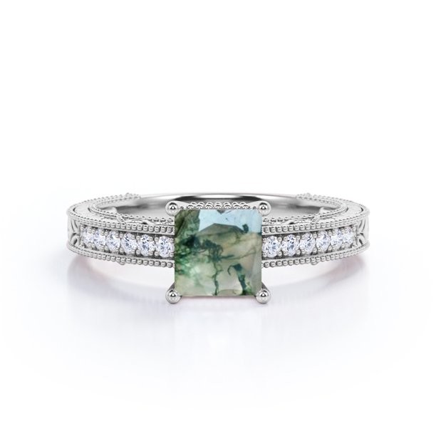China Princess Cut Natural  Druzy Moss Green Agate And Moissanite Milgrain Border Victorian  Pave Engagement Ring factory