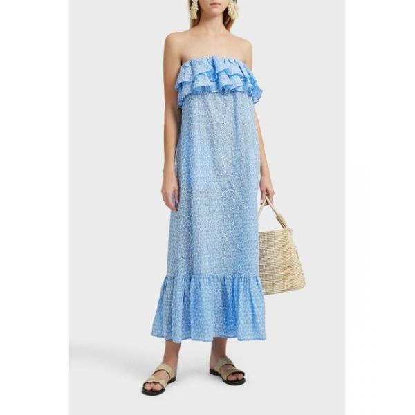 Quality Women Blue Cotton Off Shoulder Floral Embroidery Ruffle Dress Women for sale