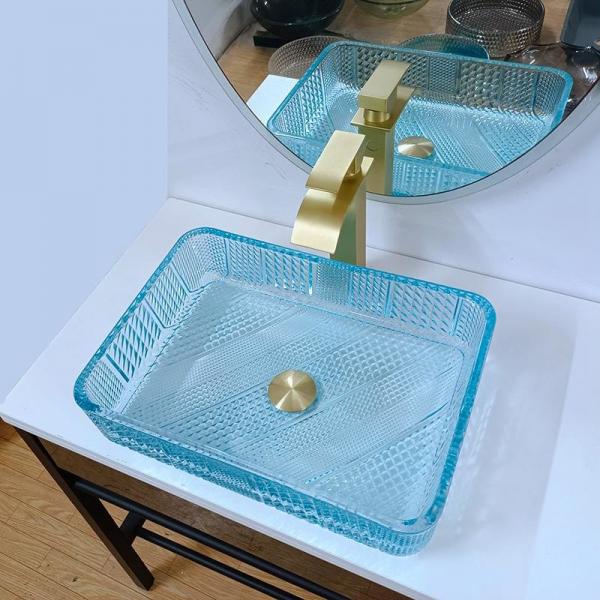 Quality 460mm Length Rectangular Vessel Sinks Glass Bathroom 330mm Width Water Blue for sale