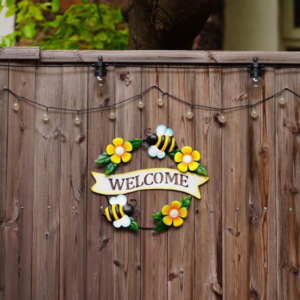 Quality Garden Metal Wall Hanging Ornaments Handmade Bee Pattern Welcome Slogan for sale