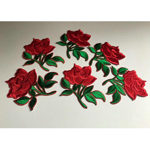 Quality Flower Embroidered Iron On Appliques , Large Red Rose Floral Patches For Clothes for sale