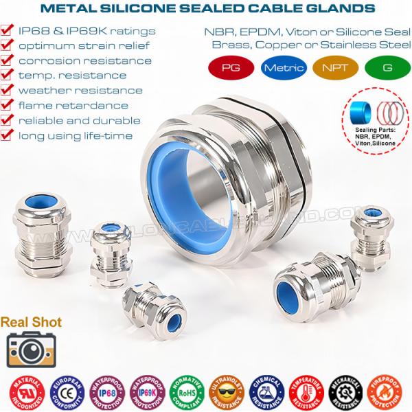 Quality Brass PG Adjustable Cord Glands, Copper IP68 Watertight Cable Glands with Heat Proof Blue Silicone Seals & O-rings for sale