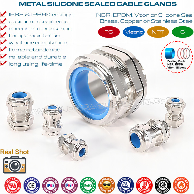 Brass PG Adjustable Cord Glands, Copper IP68 Watertight Cable Glands with Heat Proof Blue Silicone Seals & O-rings