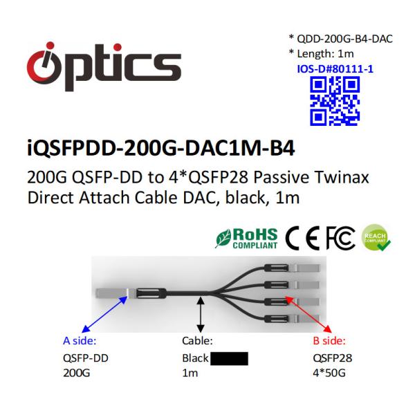 Quality 200G QSFPDD to 4x50G QSFP28 Breakout DAC(Direct Attach Cable) Cables (Passive) for sale